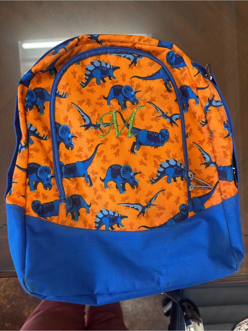Kids Orange & Blue Dinosaur Backpack with Green Monogram